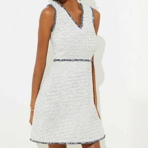 Loft Fringe Boucle Flare Dress White Blue Size 10